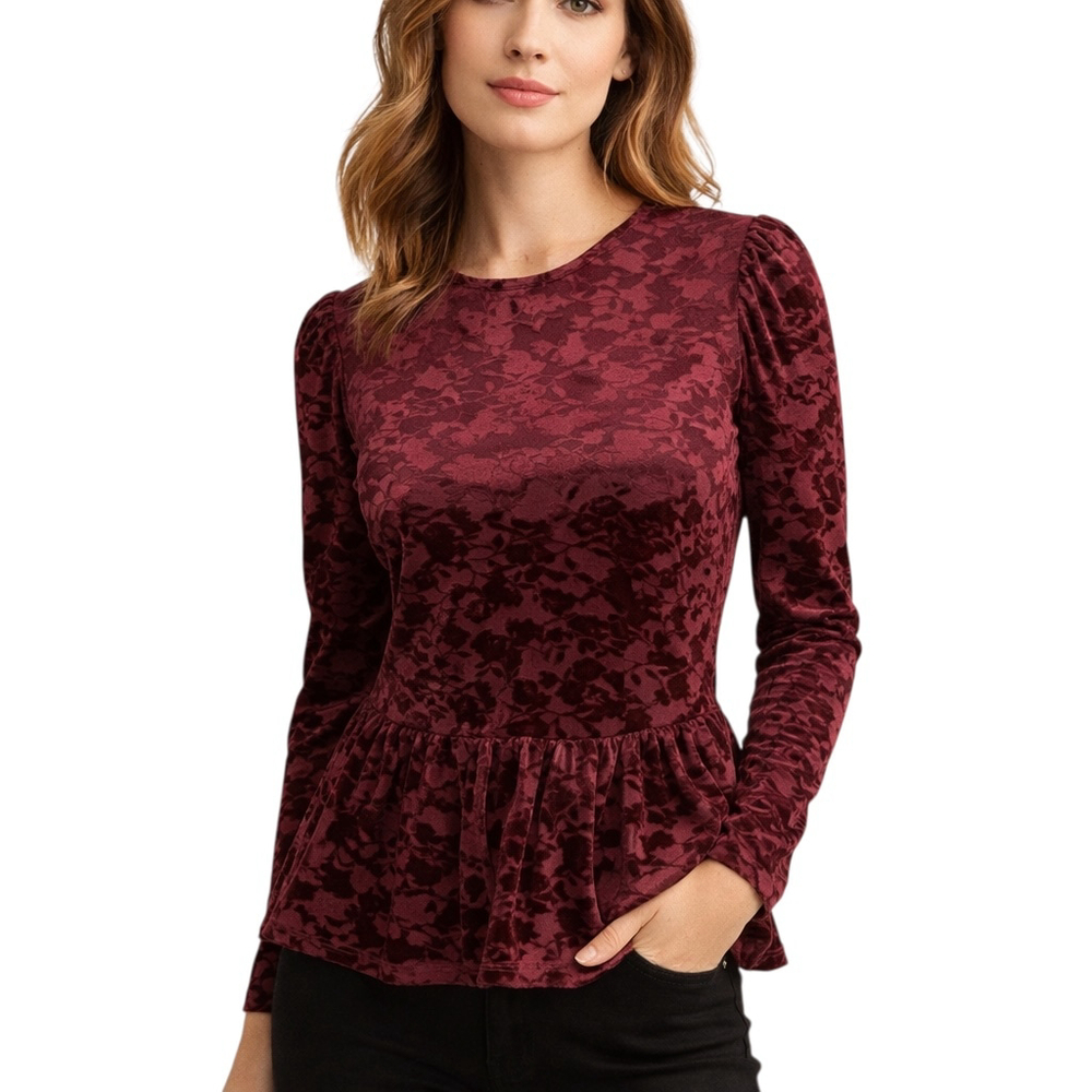Cupio Burgundy Velvet Burnout Floral Peplum Top NWT Romantic Coquette Chic M